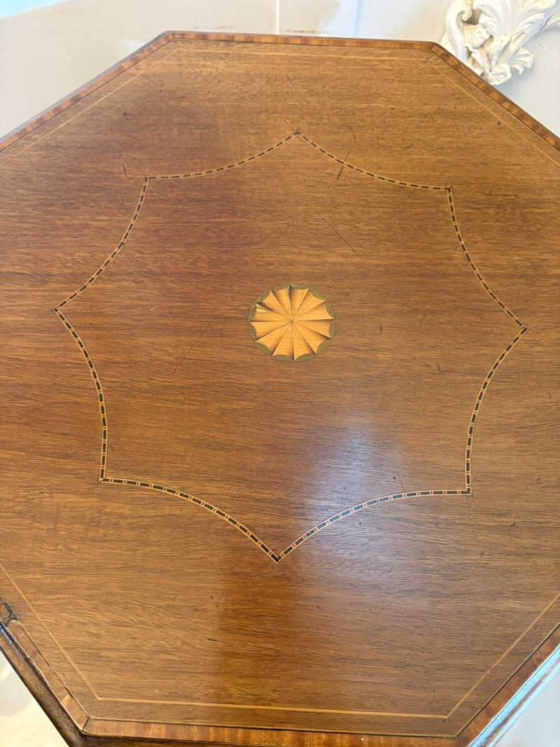 Antique Edwardian Inlaid Mahogany Octagonal Work / Lamp Table Sewing Table With Silk Basket - Image 9